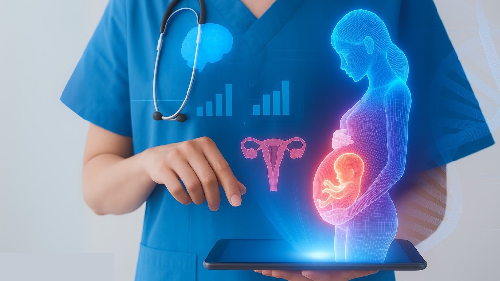 A clinician using a tablet with medical imaging and health-data visualisations